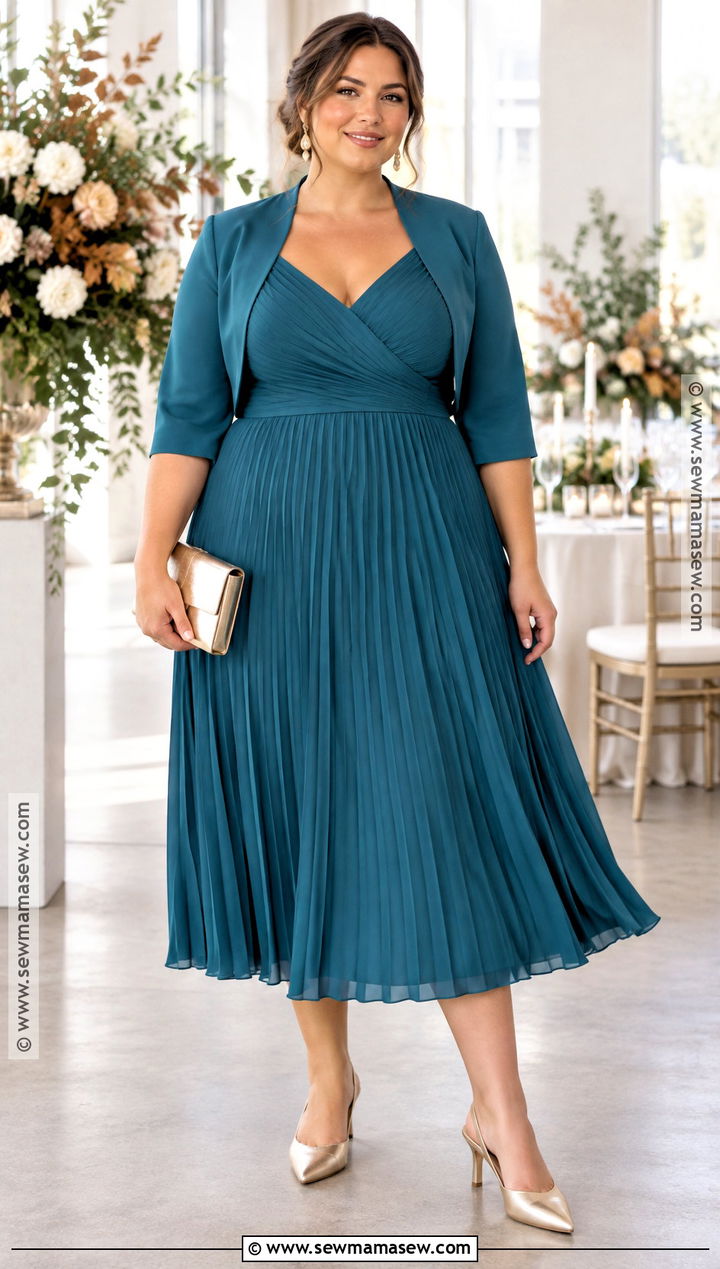 Plus Size Teal Pleated Midi Dress Outfit - 20 Fall Plus Size Wedding Guest Outfit Ideas