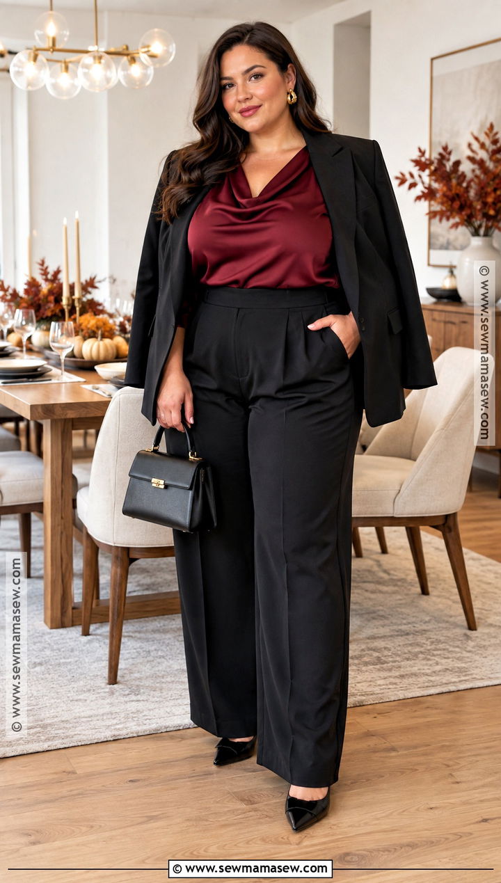 Plus Size Thanksgiving Burgundy Blouse and Black Trousers Outfit - 20 Thanksgiving Outfits for Plus Size