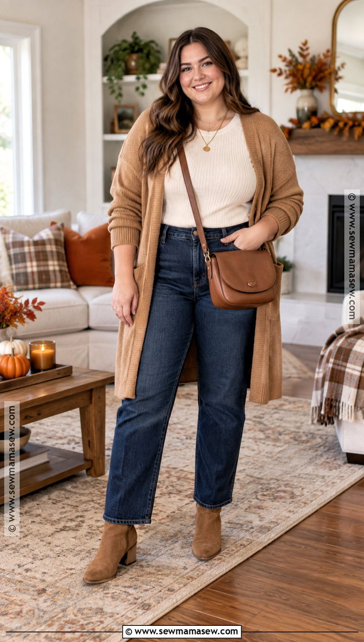 Plus Size Thanksgiving Dark Jeans and Long Cardigan Outfit - 20 Thanksgiving Outfits for Plus Size