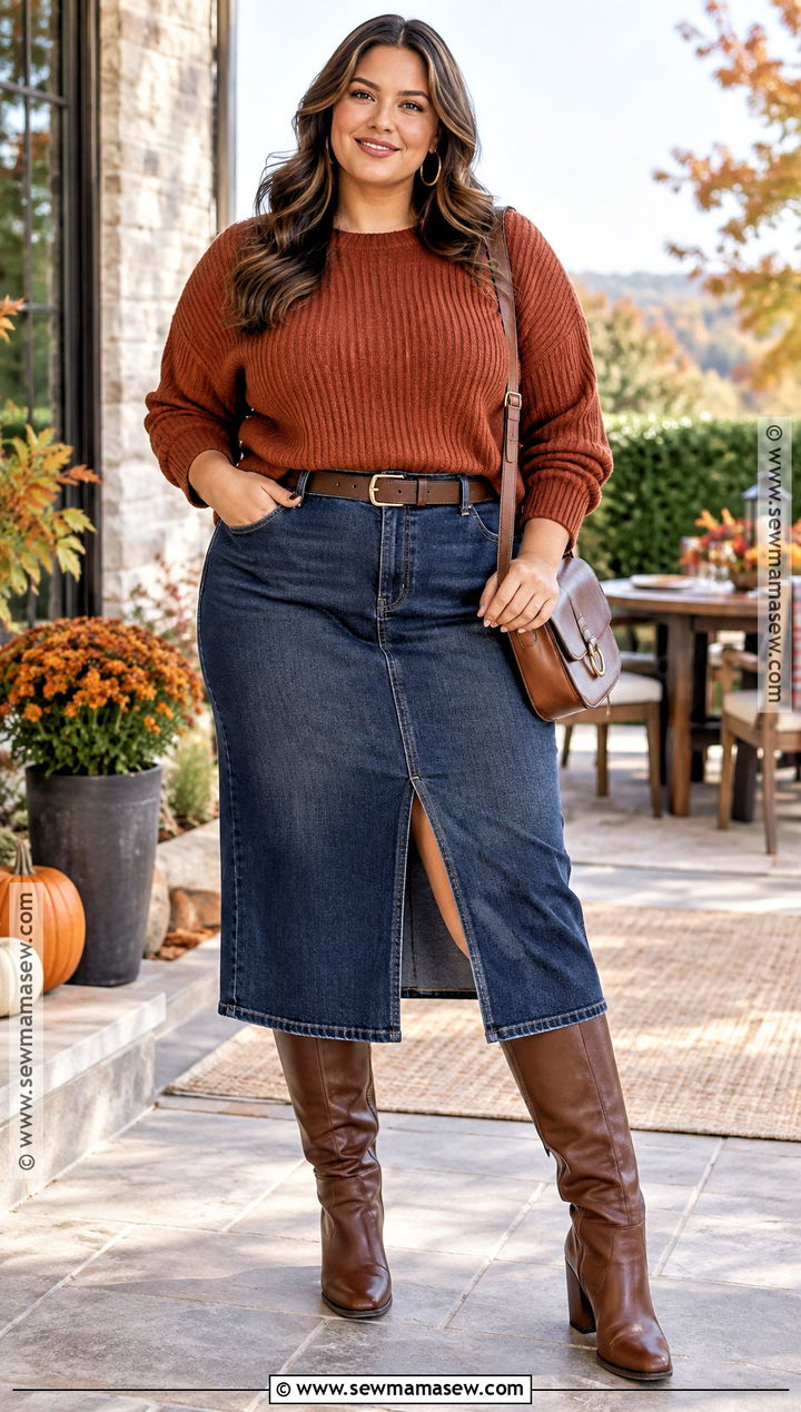 Plus Size Thanksgiving Denim Skirt and Ribbed Sweater Outfit - 20 Thanksgiving Outfits for Plus Size