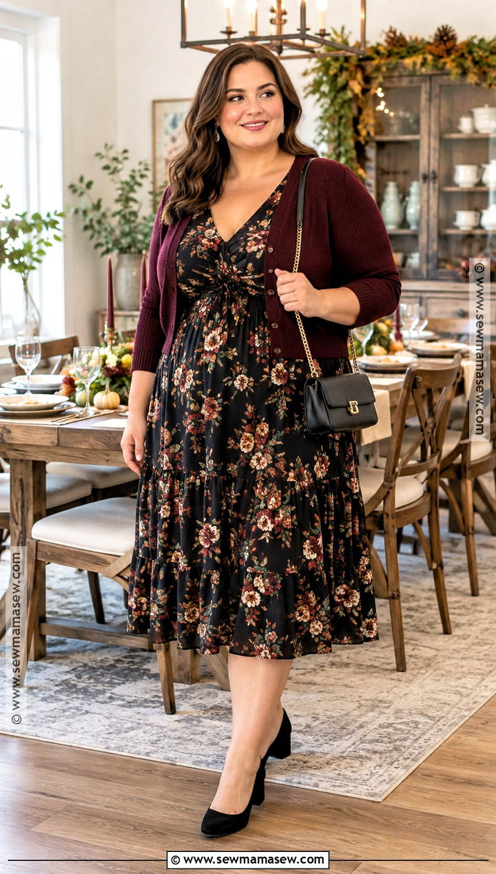 Plus Size Thanksgiving Floral Midi Dress and Cropped Cardigan Outfit - 20 Thanksgiving Outfits for Plus Size
