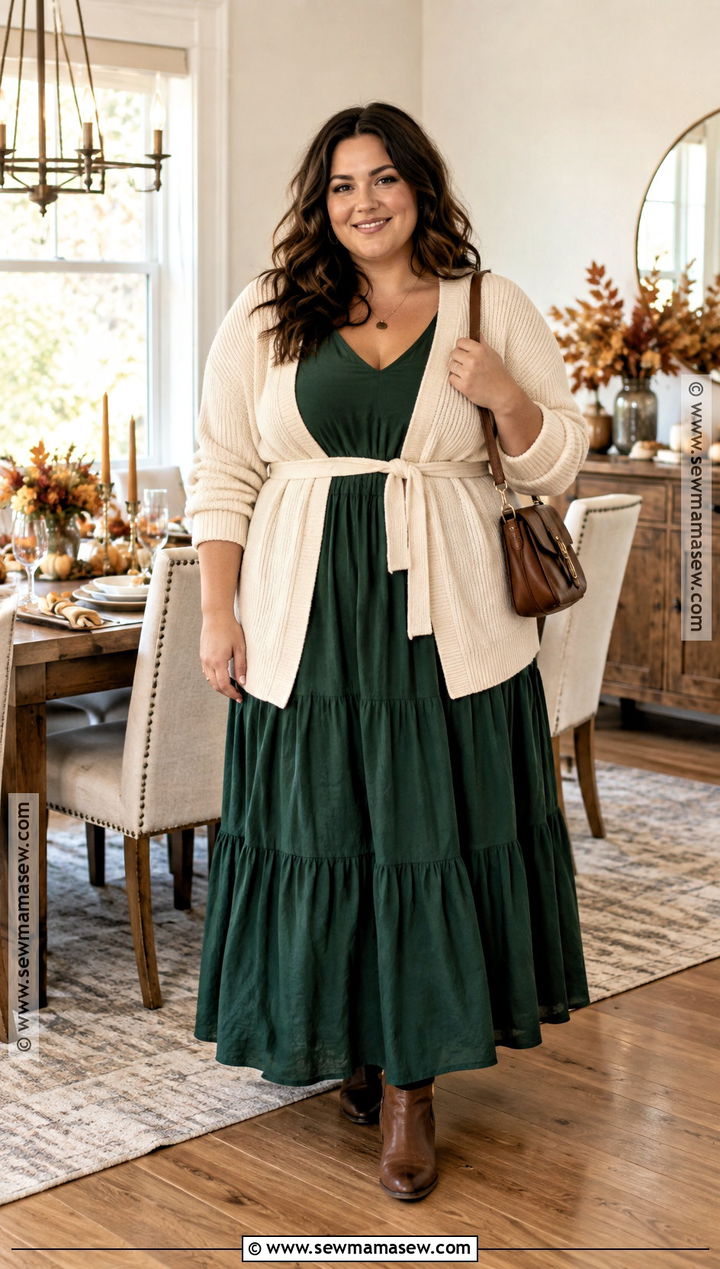 Plus Size Thanksgiving Maxi Dress and Belted Cardigan Outfit - 20 Thanksgiving Outfits for Plus Size