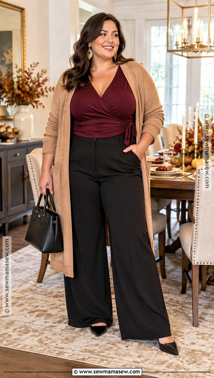 Plus Size Thanksgiving Outfit With Wide Leg Pants And Wrap Top - 25 Comfortable Thanksgiving Outfit Ideas