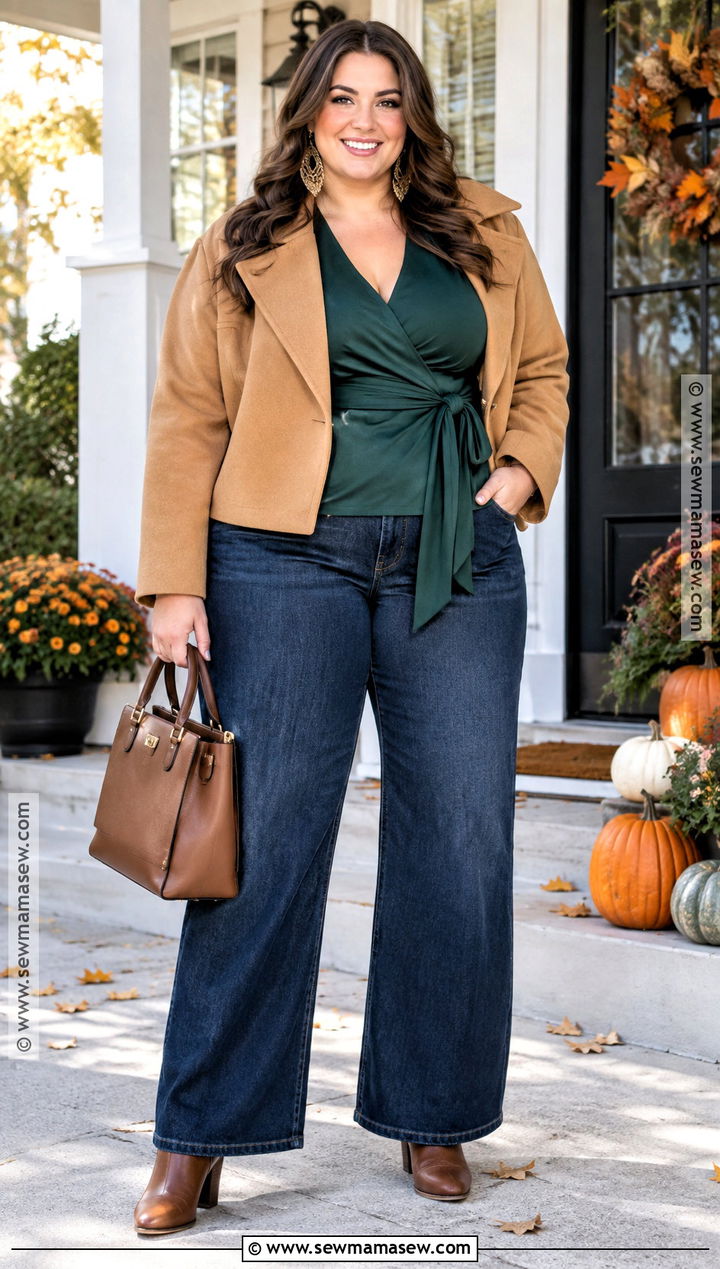 Plus Size Thanksgiving Outfit With Wrap Top And Wide Leg Jeans - 20 Easy Thanksgiving Outfits for Women