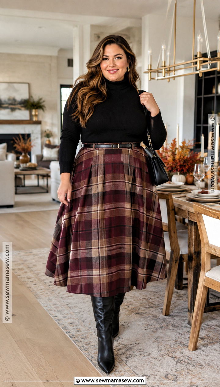 Plus Size Thanksgiving Plaid Midi Skirt and Black Turtleneck Outfit - 20 Thanksgiving Outfits for Plus Size