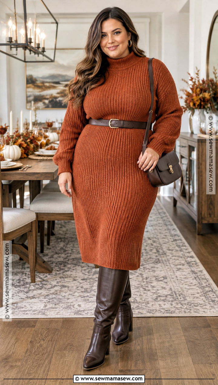 Plus Size Thanksgiving Sweater Dress and Knee High Boots Outfit - 20 Thanksgiving Outfits for Plus Size