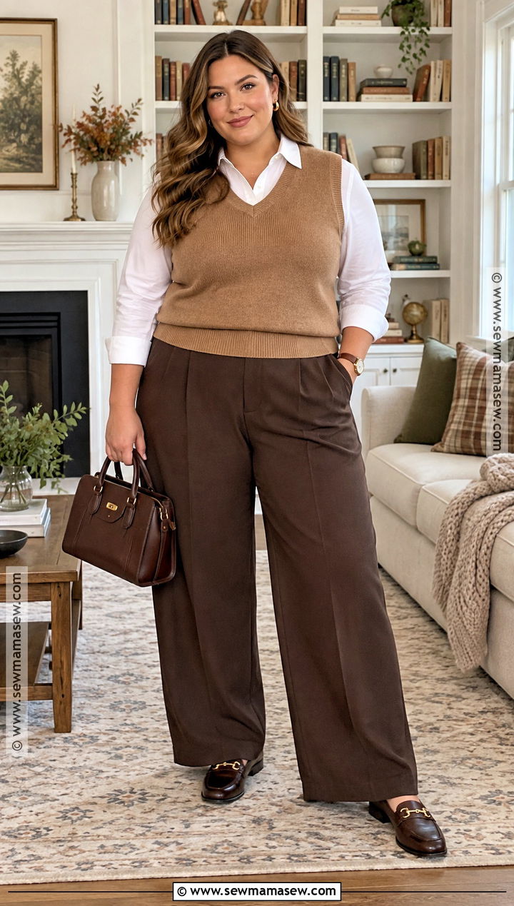Plus Size Thanksgiving Sweater Vest Button Down and Trousers Outfit - 20 Thanksgiving Outfits for Plus Size