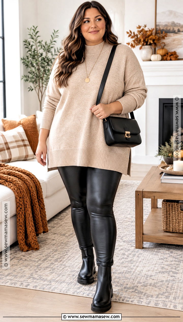 Plus Size Thanksgiving Tunic Sweater and Faux Leather Leggings Outfit - 20 Thanksgiving Outfits for Plus Size