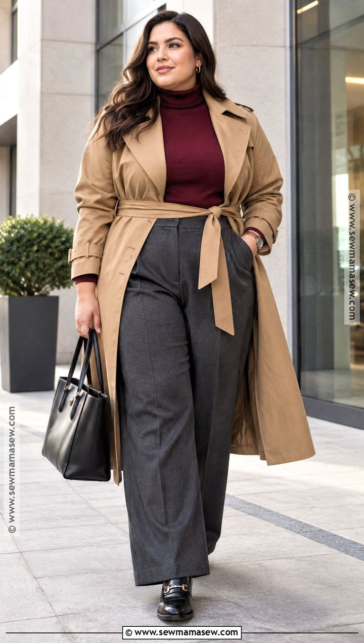 Plus Size Trench Coat And Tailored Trousers Outfit - 20 plus fall outfits