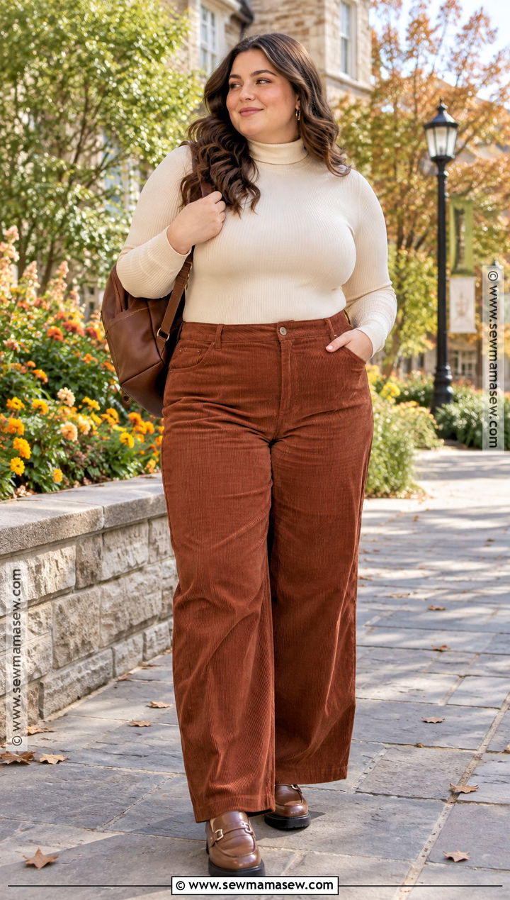 Plus Size Turtleneck And Corduroy Pants Outfit - 20 plus size back to school outfits