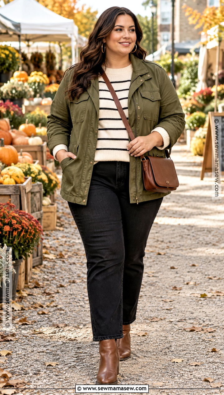 Plus Size Utility Jacket And Black Jeans Outfit - 20 plus fall outfits