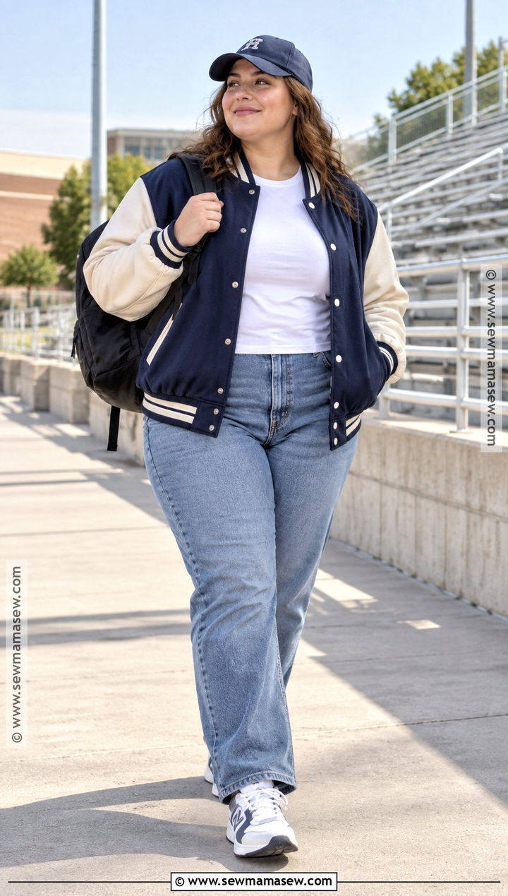 Plus Size Varsity Jacket And Straight Jeans Outfit - 20 plus size back to school outfits