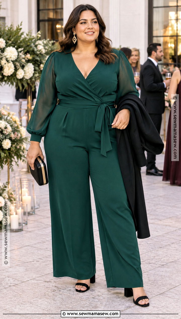 Plus Size Wide Leg Fall Wedding Jumpsuit - 15 Fall Jumpsuit Outfit Wedding Ideas