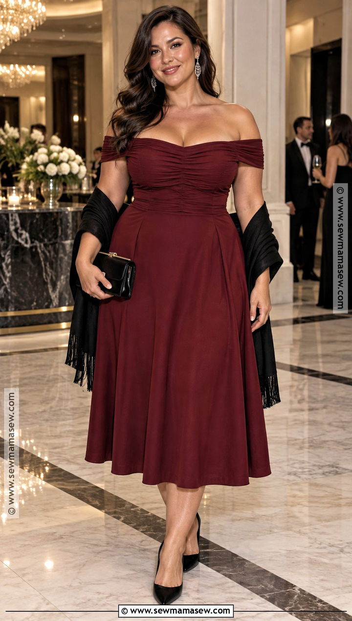 Plus Size Wine Off Shoulder Midi Dress - 20 fall wedding dress ideas for plus size