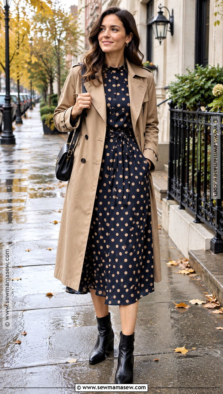Polka Dot Autumn Dress With Trench Coat - 25 autumn dress ideas
