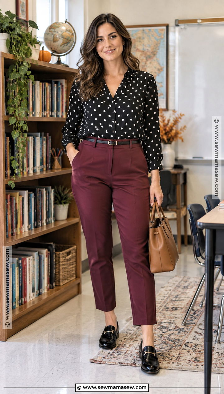 Polka Dot Blouse And Burgundy Pants Teacher Outfit - 20 september teacher outfits