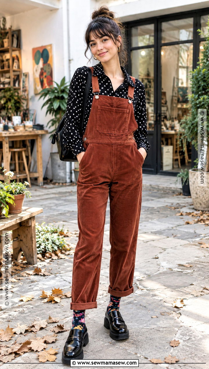Polka Dot Blouse And Corduroy Overalls Outfit - 25 funky fall fashion ideas