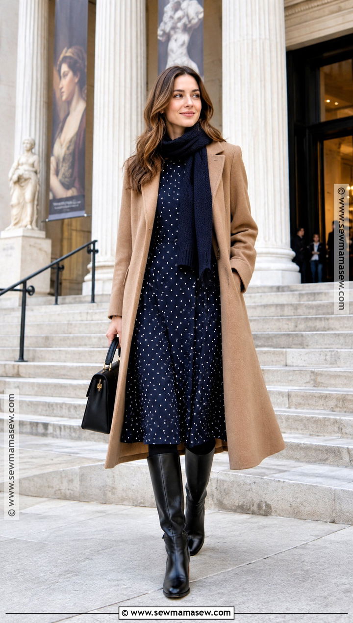 Polka Dot Dress And Camel Coat Outfit - 25 dress fall outfits