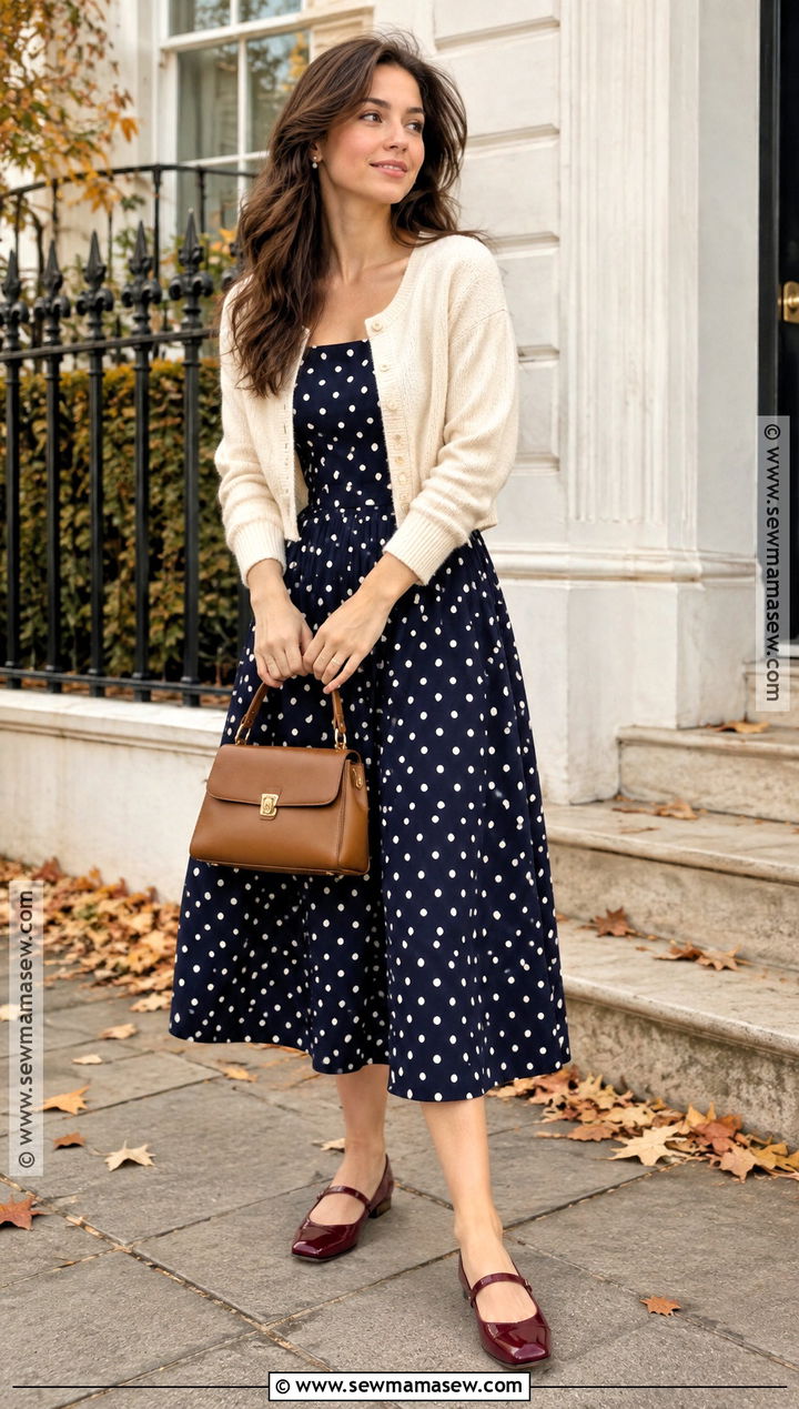 Polka Dot Dress And Cropped Cardigan Fall Church Outfit - 20 modest fall outfits church