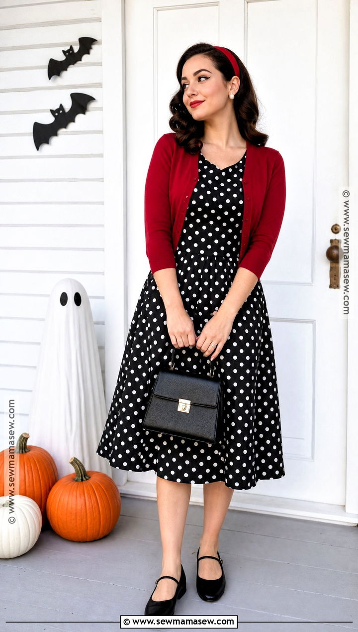 Polka Dot Dress And Red Cardigan Outfit - 35 casual halloween outfits