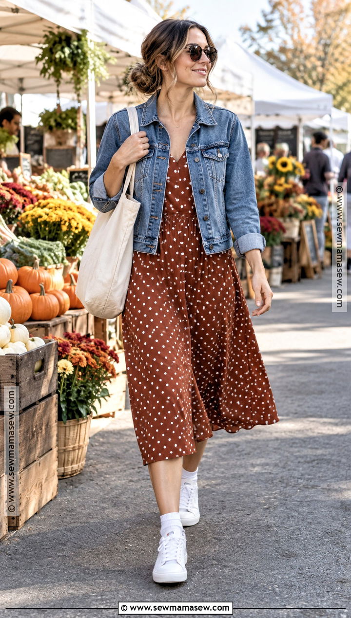 Polka Dot Dress With A Denim Jacket And Sneakers - 15 autumn polka dot dress ideas
