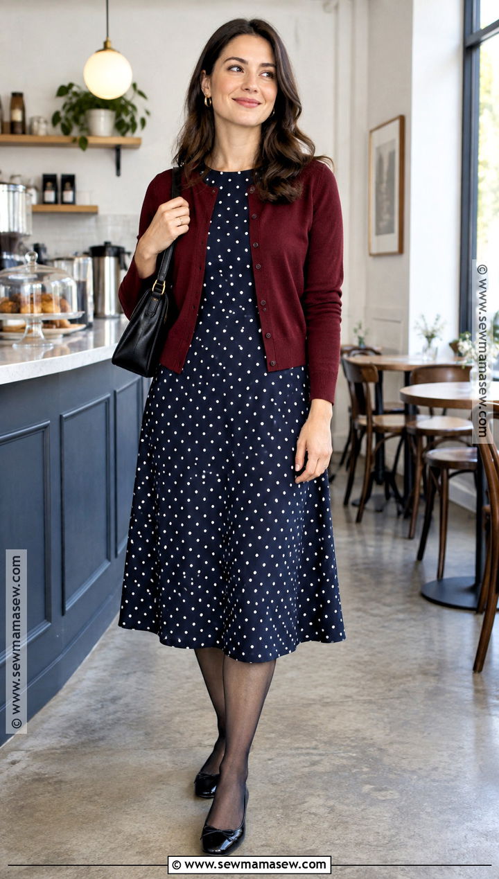 Polka Dot Dress With Cardigan And Ballet Flats - 25 fall dress ideas