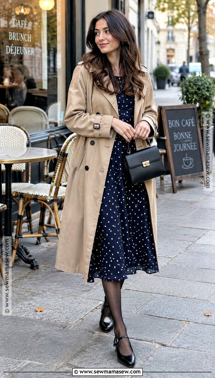 Polka Dot Dress With Trench Coat And Mary Jane Shoes - 25 autumn outfits dress
