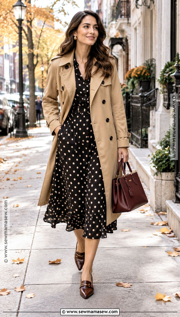 Polka Dot Dress With Trench Coat - 30 fall dresses