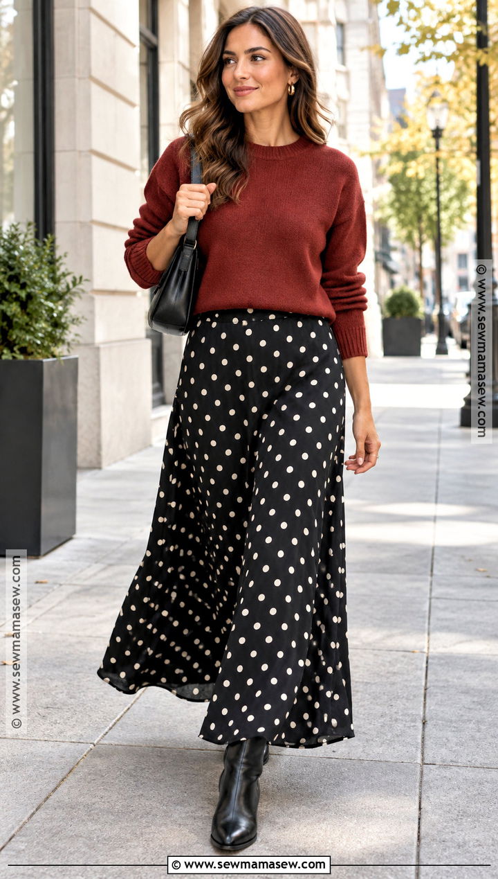 Polka Dot Long Skirt Outfit With Red Sweater And Boots - 25 long skirt outfits for fall