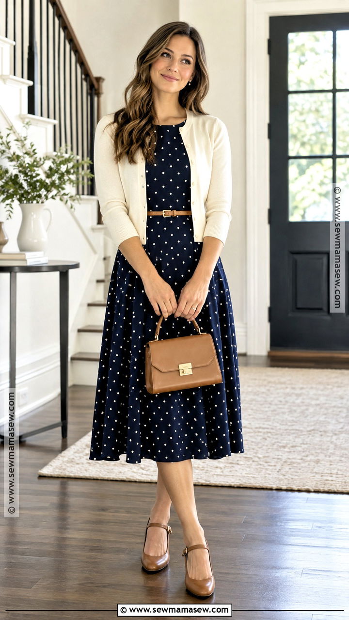 Polka Dot Midi Dress Church Outfit - 20 Early Fall Church Outfit Ideas