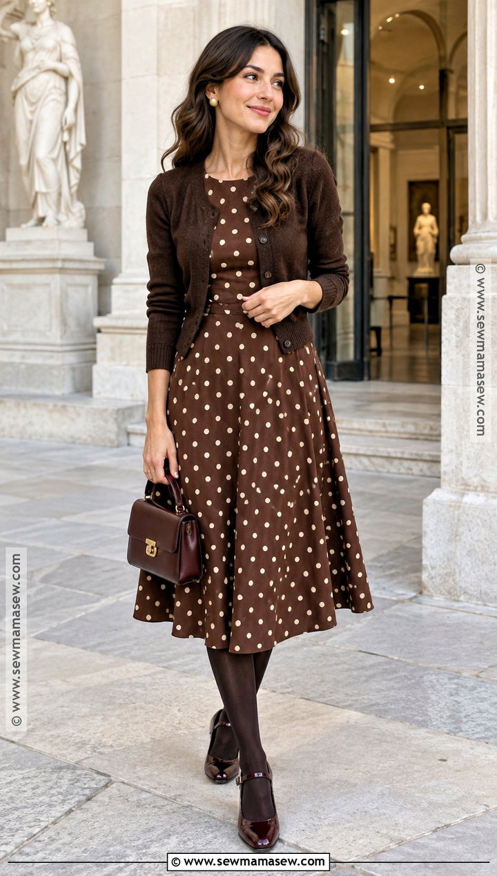 Polka Dot Midi Dress With Cardigan - 25 autumn dress outfit ideas