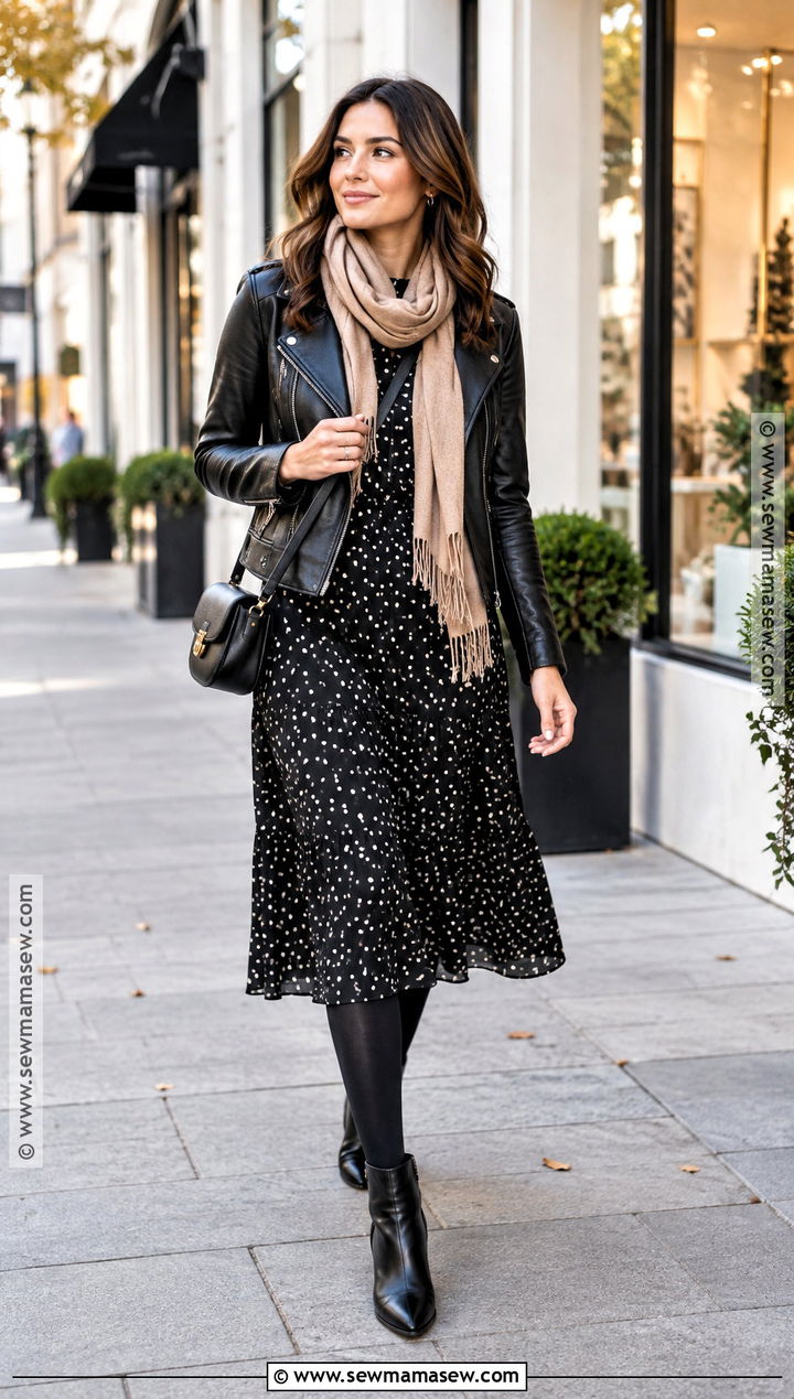 Polka Dot Midi Dress With Moto Jacket - 20 fall outfits dresses