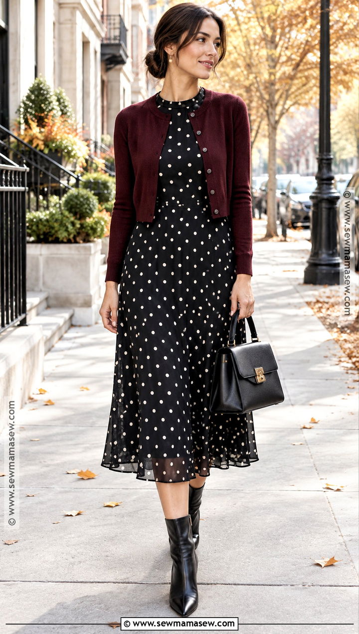 Polka Dot Midi Dress With Pointed Ankle Boots - 25 fall dresses with boots