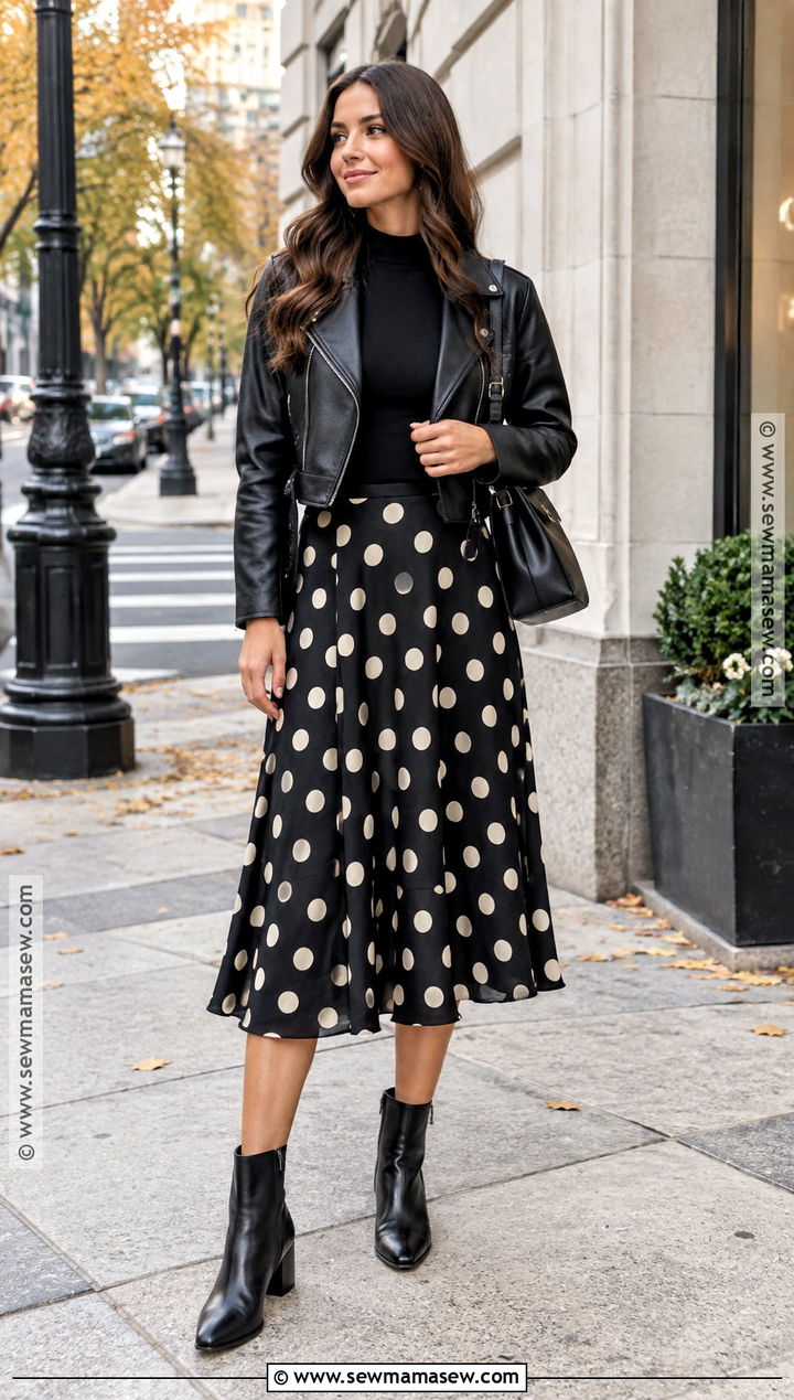Polka Dot Midi Skirt Autumn Outfit - 25 autumn skirt outfit ideas