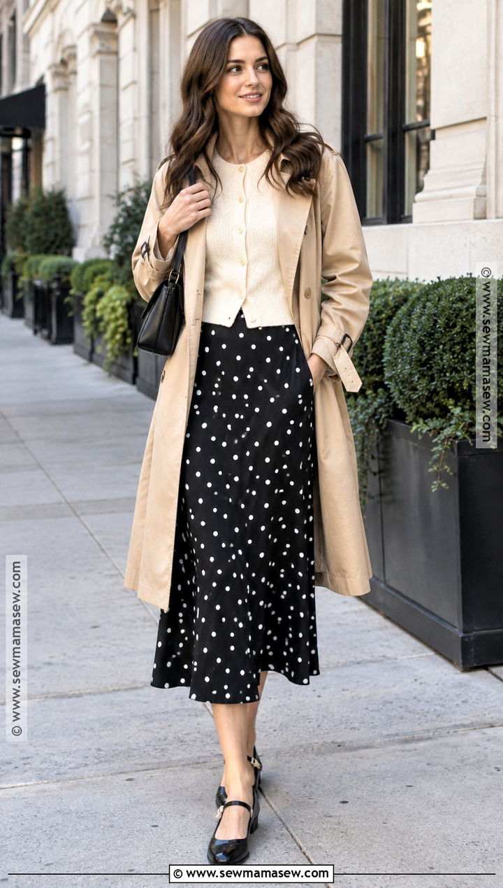 Polka Dot Midi Skirt With Cardigan And Mary Janes - 20 fall skirts outfits