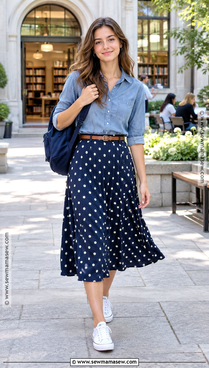 Polka Dot Skirt With Denim Shirt - 25 back to school outfits skirt