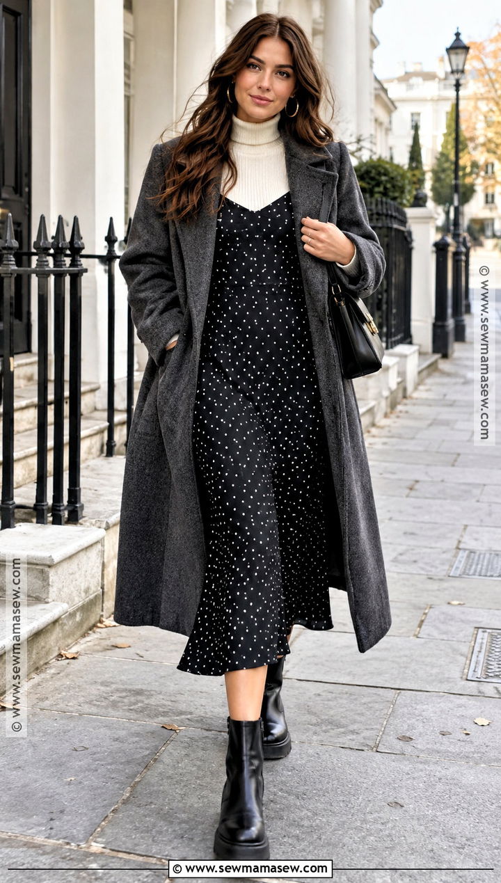 Polka Dot Slip Dress With A Fine Knit Sweater - 15 autumn polka dot dress ideas