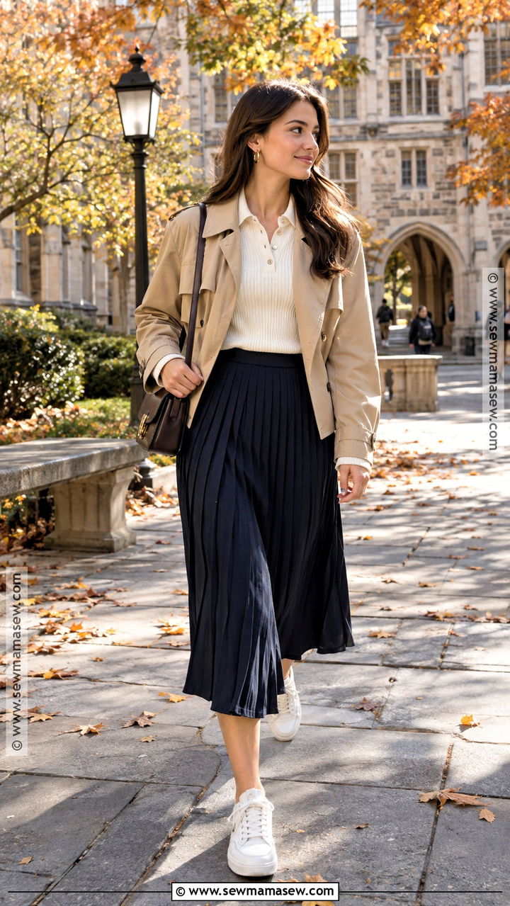 Polo Long Sleeve Fall Outfit With Pleated Midi Skirt - 20 Long Sleeve Fall Outfits