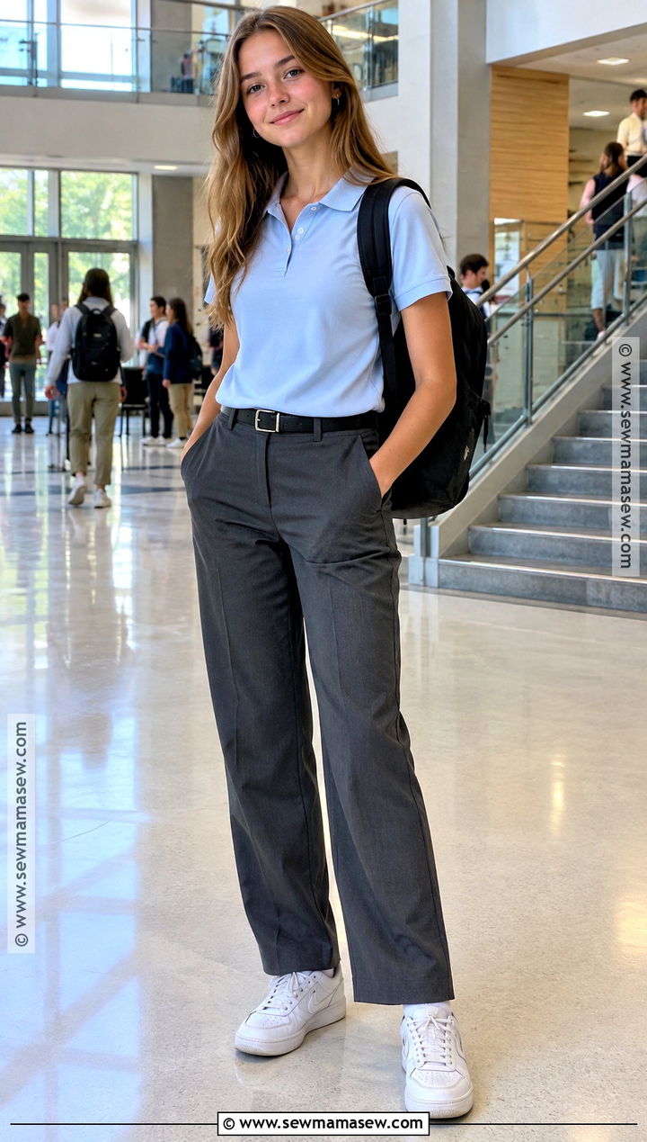 Polo Shirt And Relaxed Trousers School Outfit - 20 Girl Back To School Outfits
