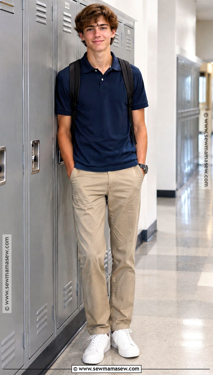 Polo Shirt And Straight Leg Pants Outfit - 20 back to school outfits dress code