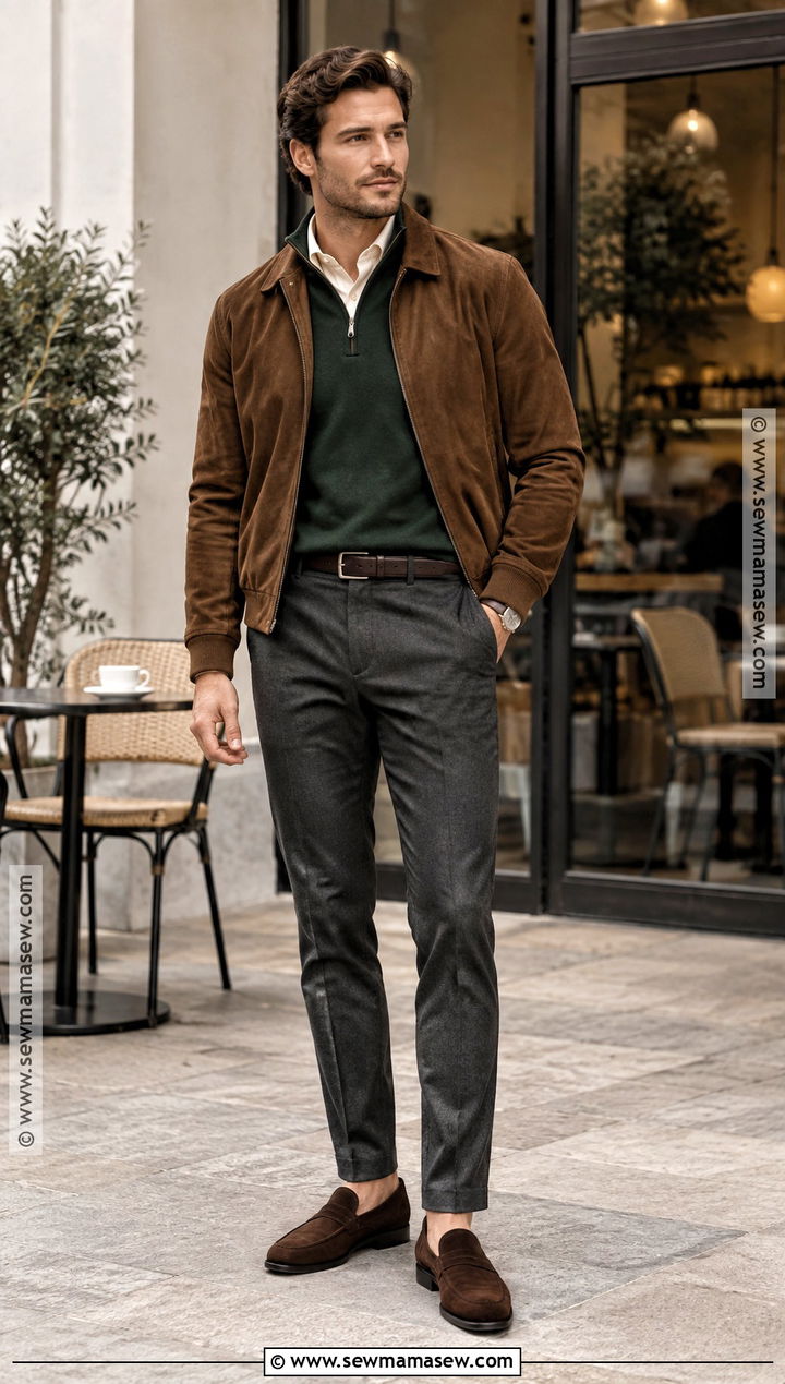 Polo Shirt Quarter Zip Sweater and Suede Jacket Fall Outfit - 15 fall layering outfits for men
