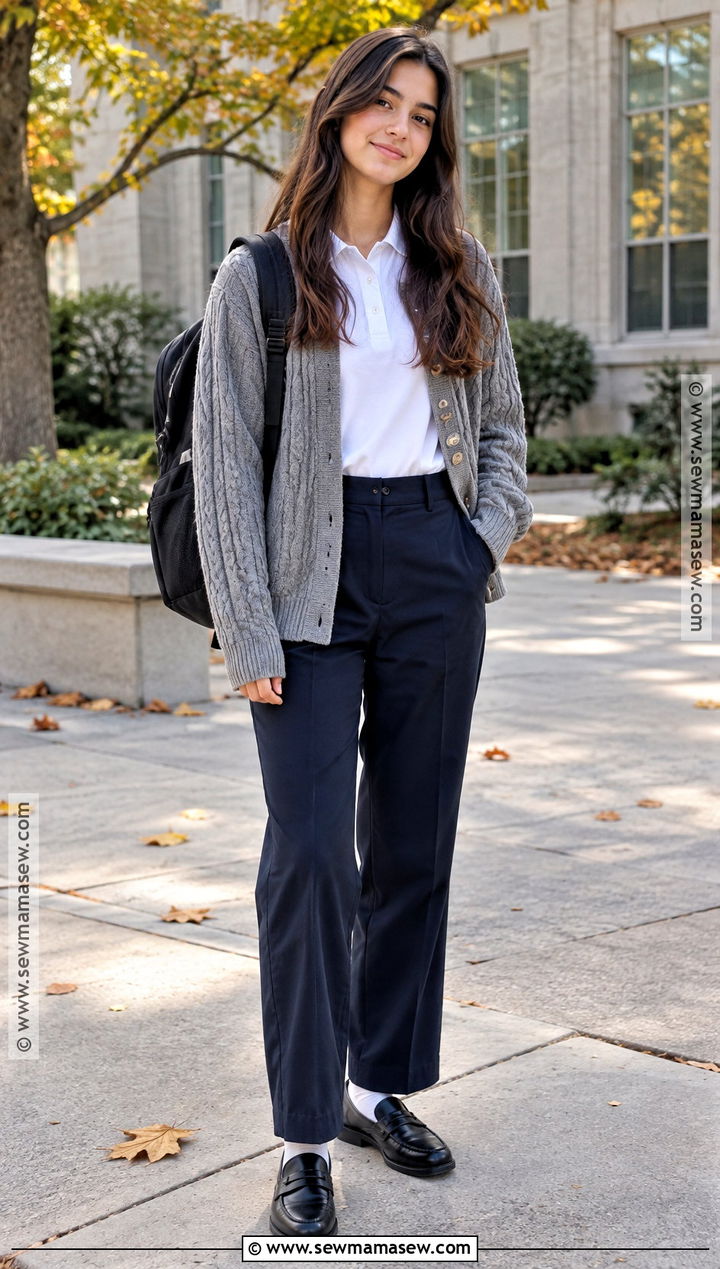 Polo Shirt School Uniform With Cable Knit Cardigan - 20 Autumn School Uniform Ideas
