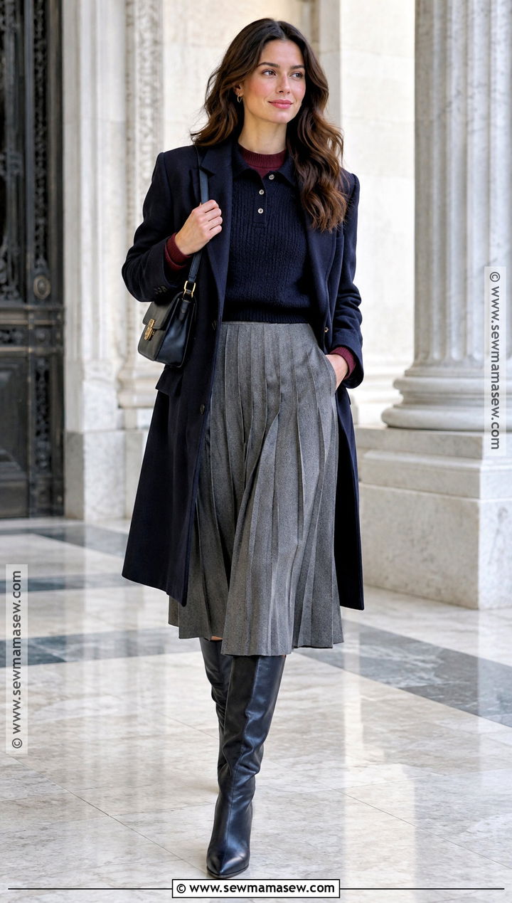 Polo Sweater And Crewneck Stack With Pleated Skirt - 15 fall winter sweater stack ideas