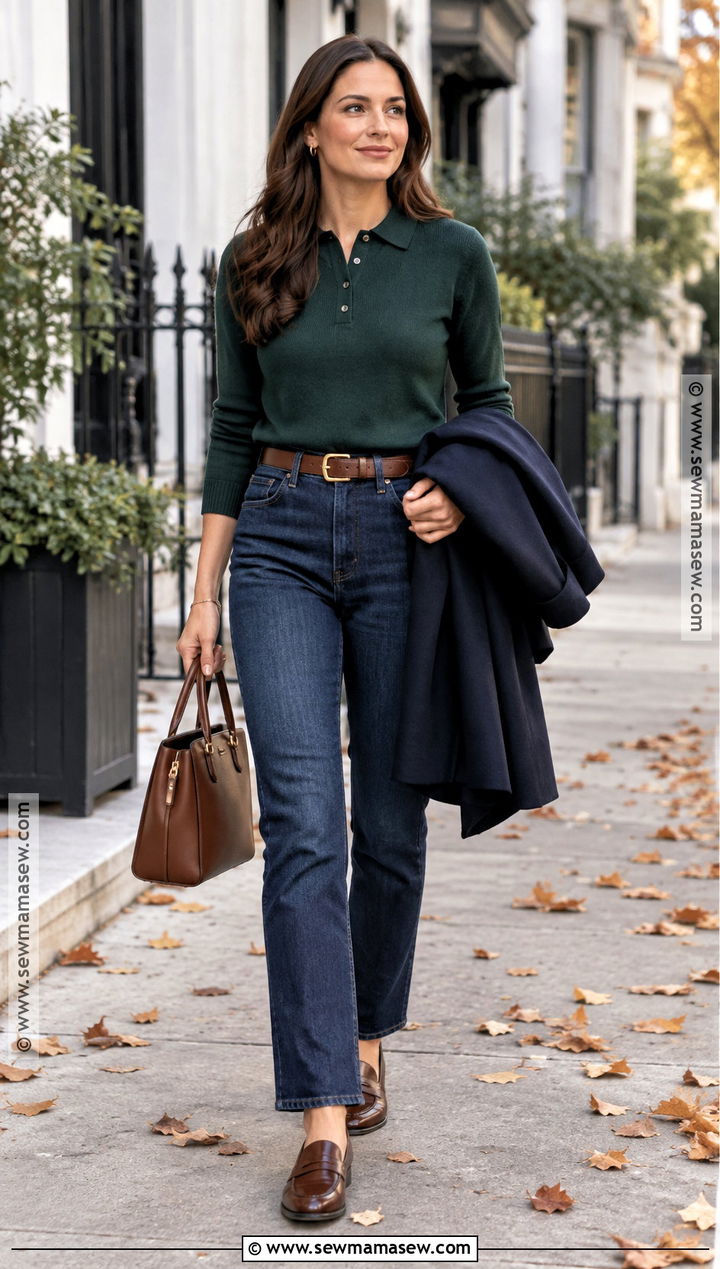 Polo Sweater Autumn Outfit With Dark Jeans - 20 autumn clothes for women