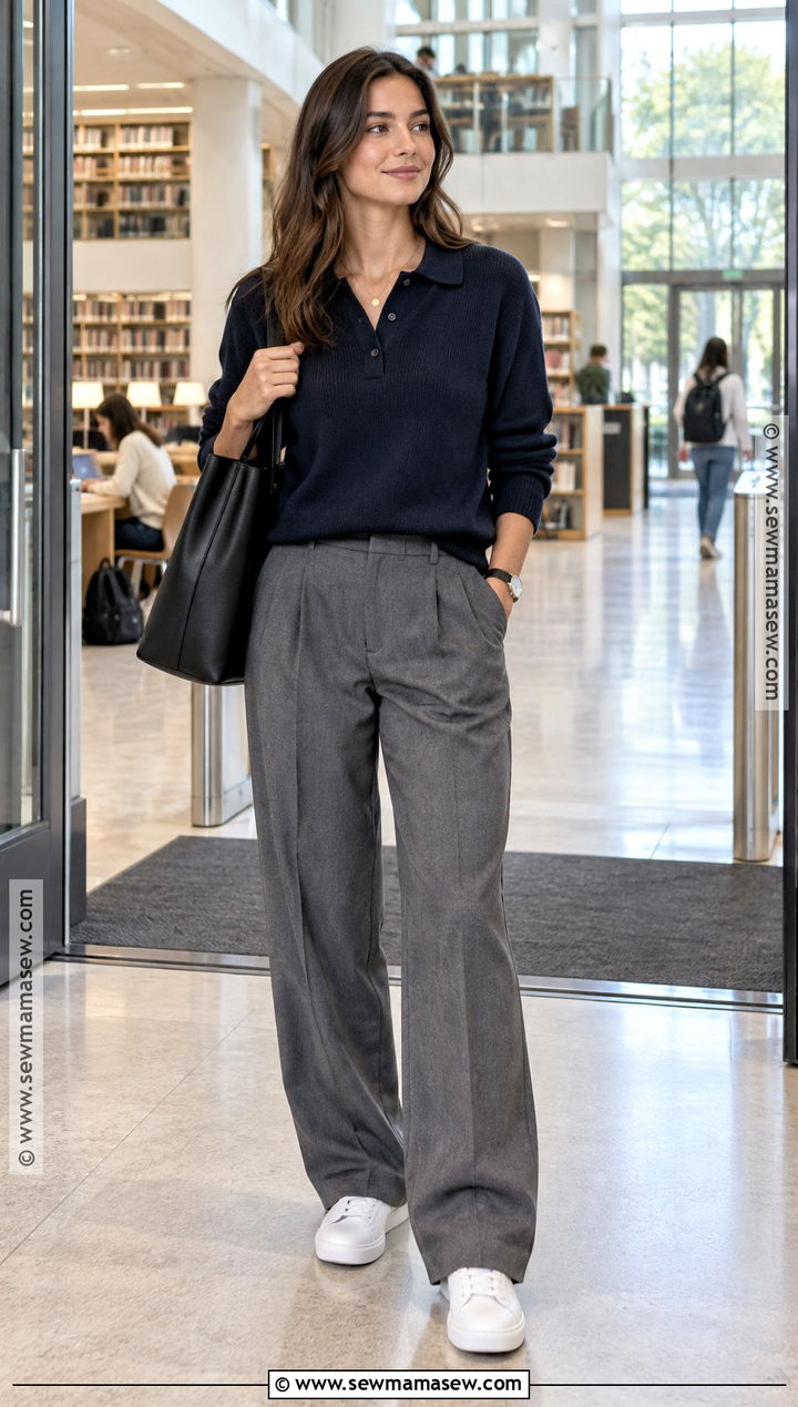 Polo Sweater and Loose Trousers School Outfit - 15 back to school simple outfits