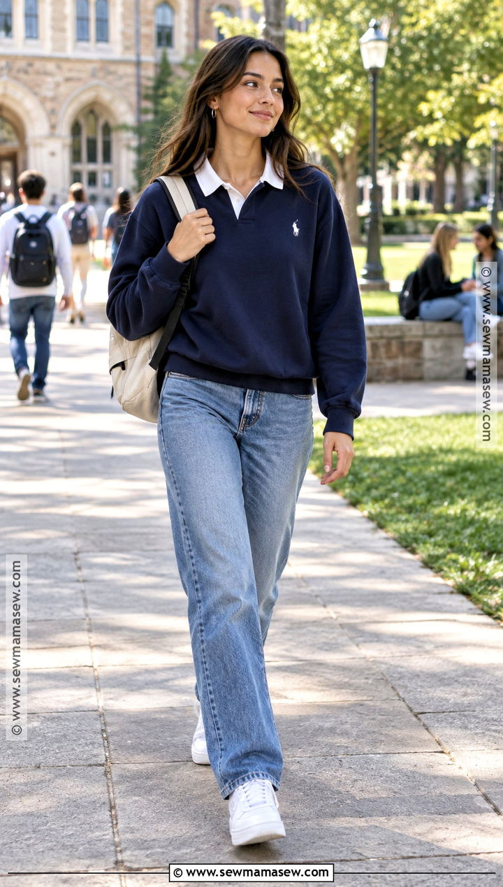 Polo Sweatshirt And Straight Leg Jeans Back To School Outfit - 20 Back To School Outfits Shein Codes