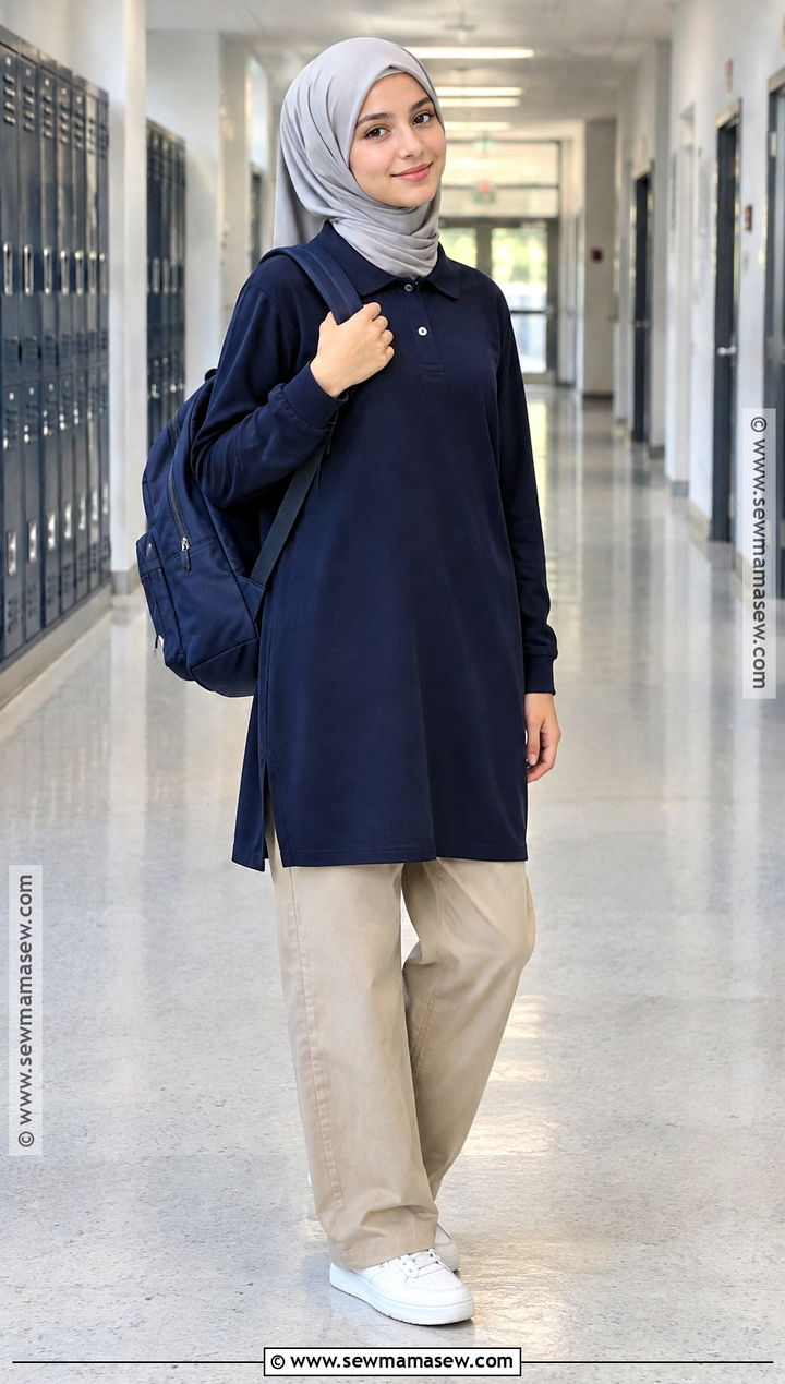 Polo Tunic Hijab Outfit With Khaki Trousers - 20 back to school hijab outfits