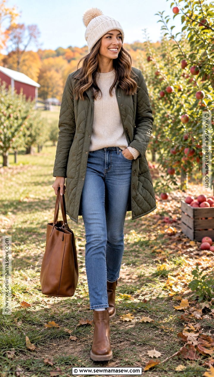 Pom Pom Beanie With Quilted Coat and Jeans - 20 fall hat ideas