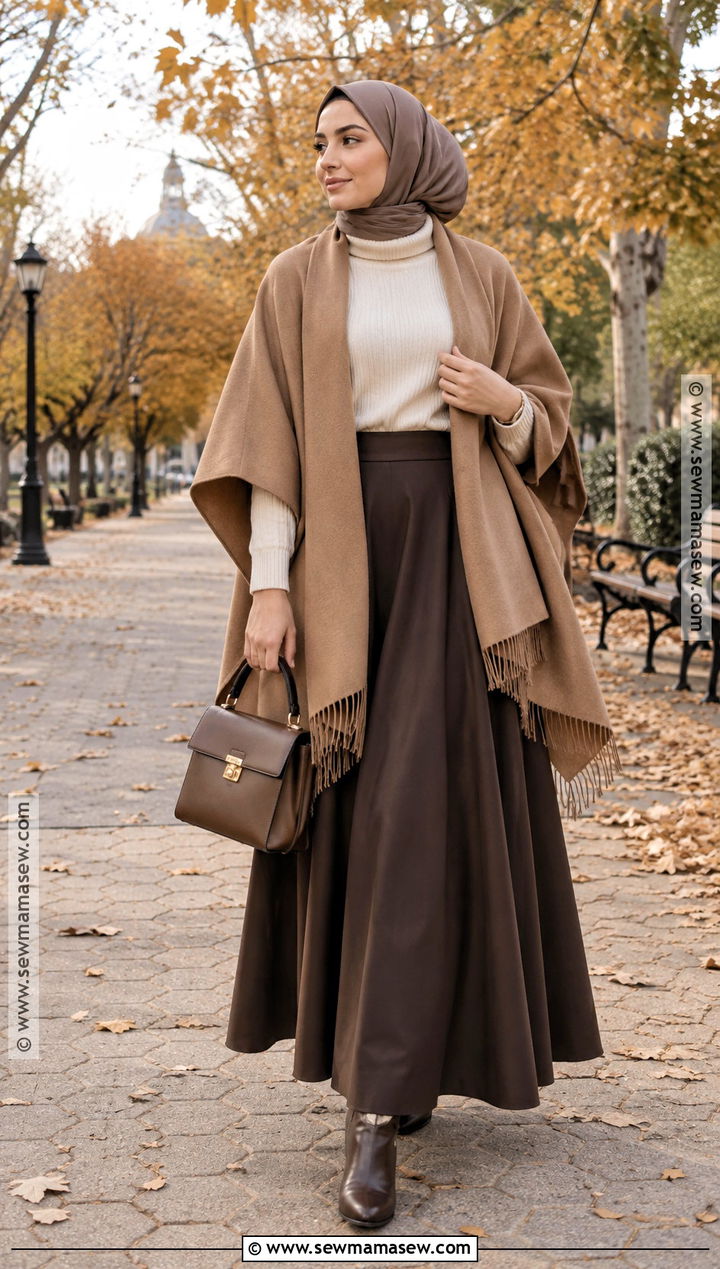 Poncho And A Line Maxi Skirt Hijabi Fall Outfit - 20 hijabi fall fits