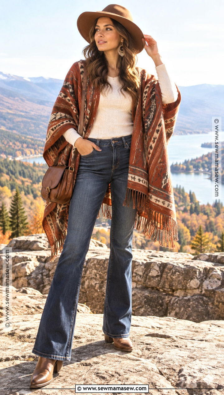 Poncho And Bootcut Jeans Autumn Hippie Outfit - 20 autumn hippie outfits
